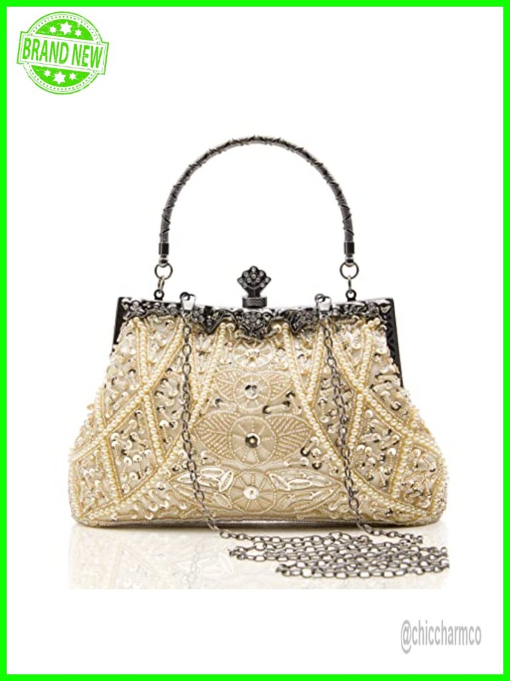 Vintage Beaded Sequin Clutch Evening Bag Detachable Chain Formal
